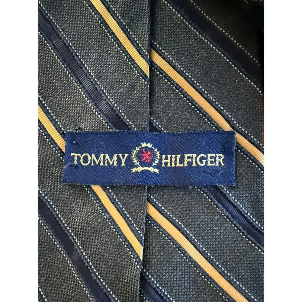 Vintage Tommy Hilfiger Blue Yellow and Gray Striped Silk Tie